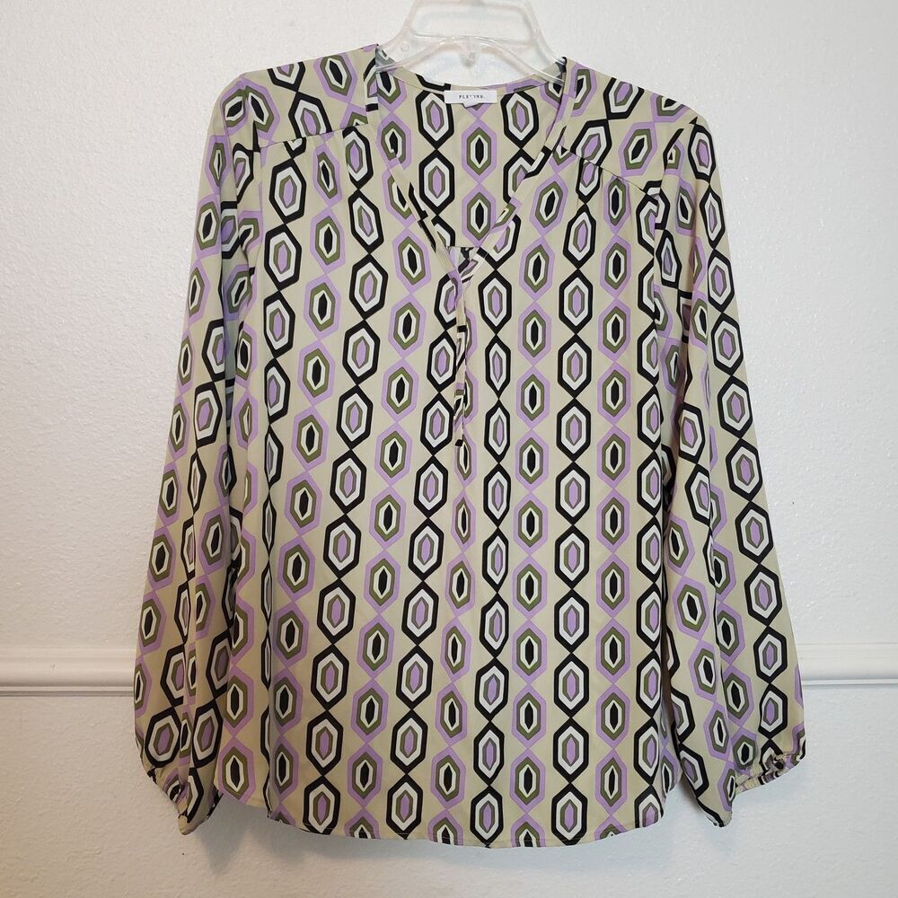 PLEIONE Women's M Geometric Pattern V-Neck Long Sleeve Blouse Top Beige Purple G